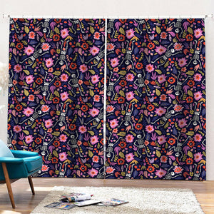 Day Of The Dead Skeleton Pattern Print Pencil Pleat Curtains