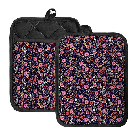 Day Of The Dead Skeleton Pattern Print Pot Holders With Pocket