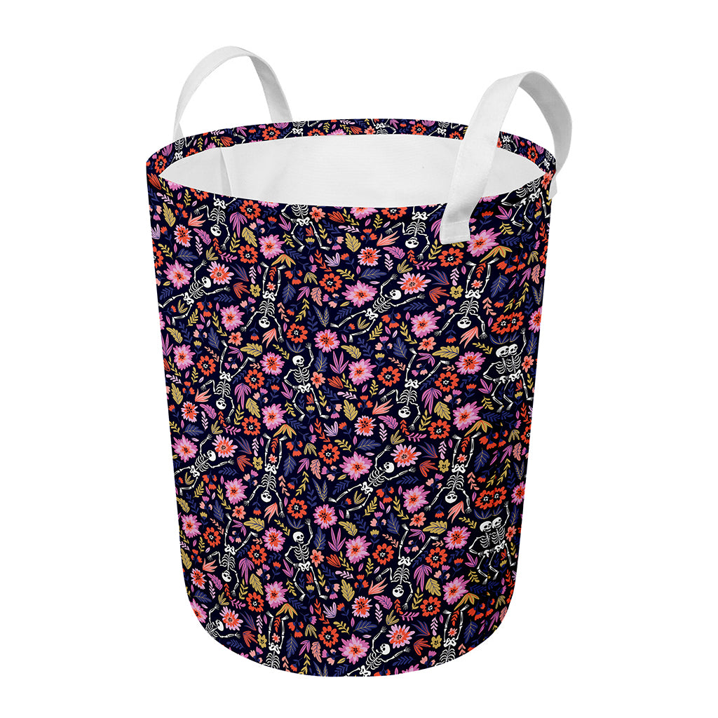 Day Of The Dead Skeleton Pattern Print Round Laundry Basket
