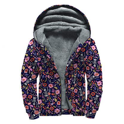 Day Of The Dead Skeleton Pattern Print Sherpa Lined Zip Up Hoodie