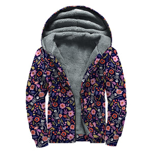 Day Of The Dead Skeleton Pattern Print Sherpa Lined Zip Up Hoodie