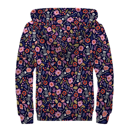 Day Of The Dead Skeleton Pattern Print Sherpa Lined Zip Up Hoodie