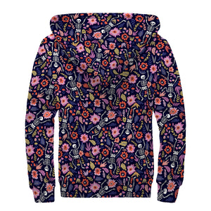 Day Of The Dead Skeleton Pattern Print Sherpa Lined Zip Up Hoodie