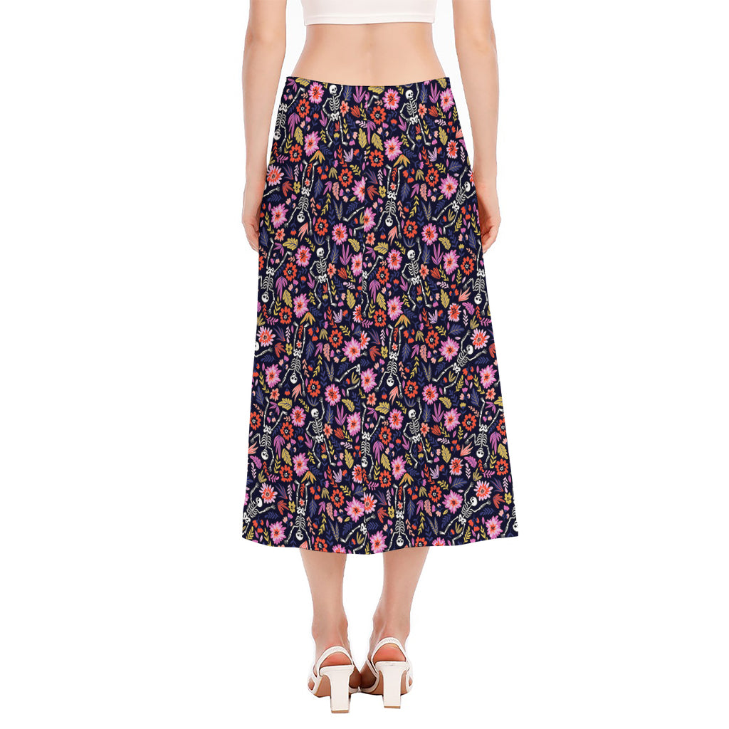 Day Of The Dead Skeleton Pattern Print Side Slit Midi Skirt