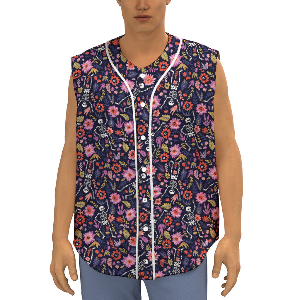 Day Of The Dead Skeleton Pattern Print Sleeveless Baseball Jersey
