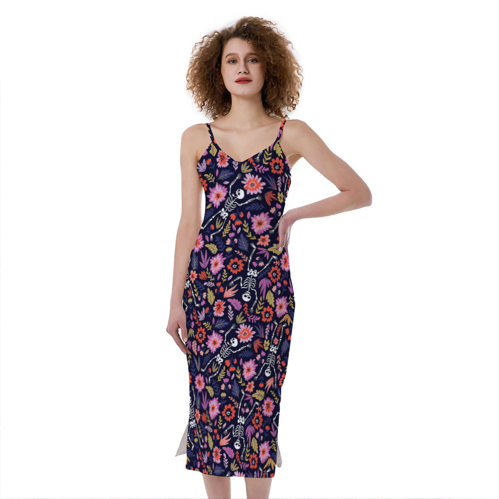 Day Of The Dead Skeleton Pattern Print Slim Fit Midi Cami Dress