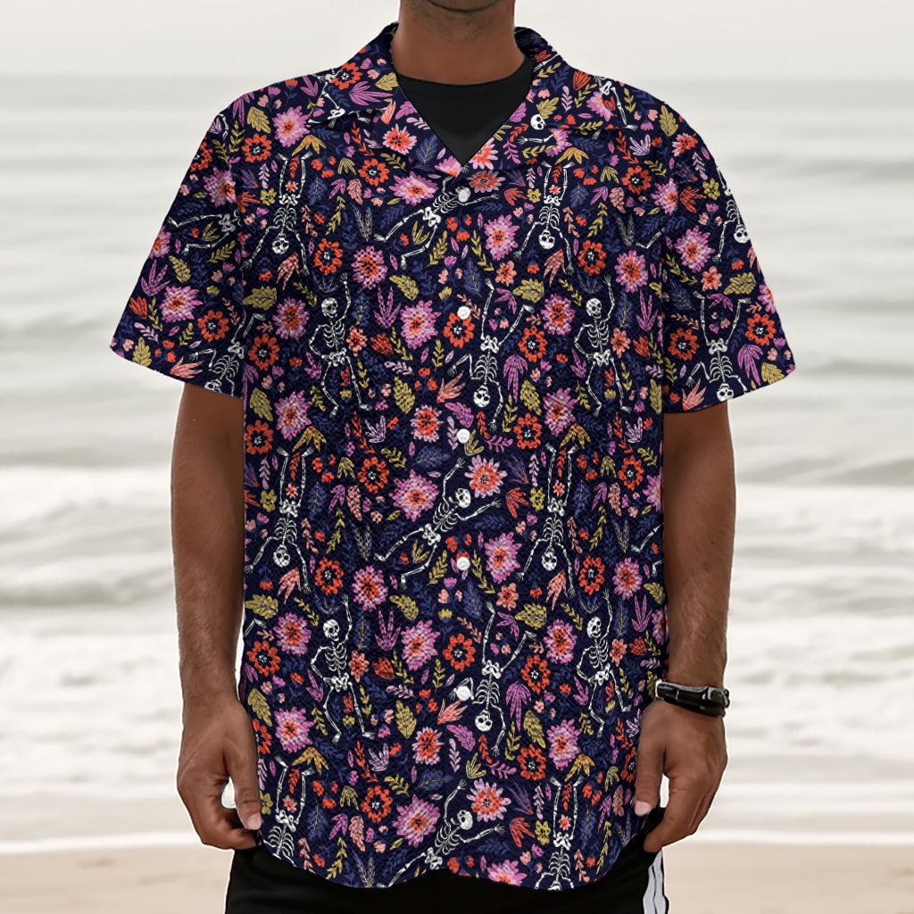 Day Of The Dead Skeleton Pattern Print Textured Short Sleeve Shirt