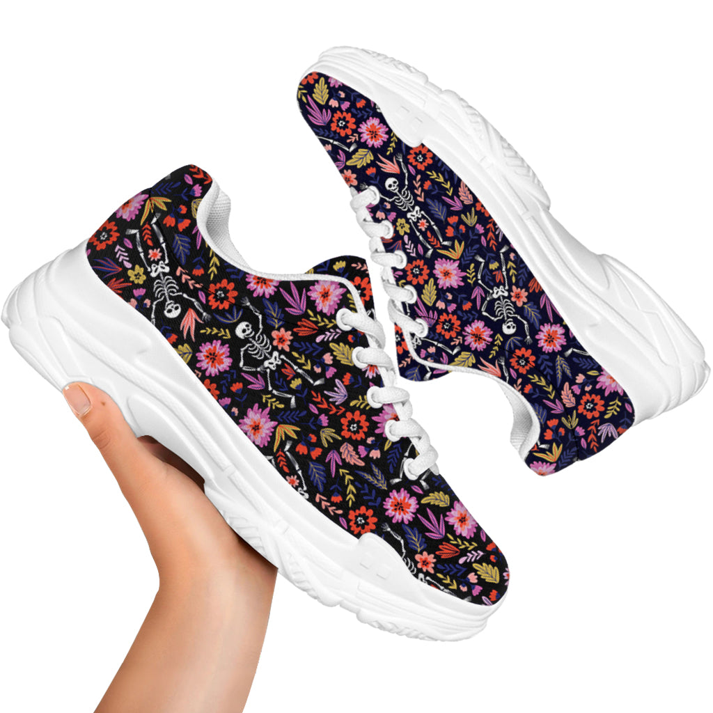 Day Of The Dead Skeleton Pattern Print White Chunky Shoes