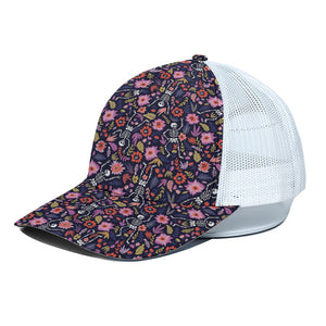 Day Of The Dead Skeleton Pattern Print White Mesh Trucker Cap