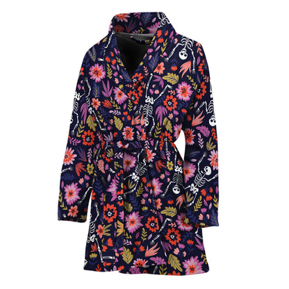 Day Of The Dead Skeleton Pattern Print Women's Bathrobe
