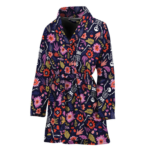 Day Of The Dead Skeleton Pattern Print Women's Bathrobe