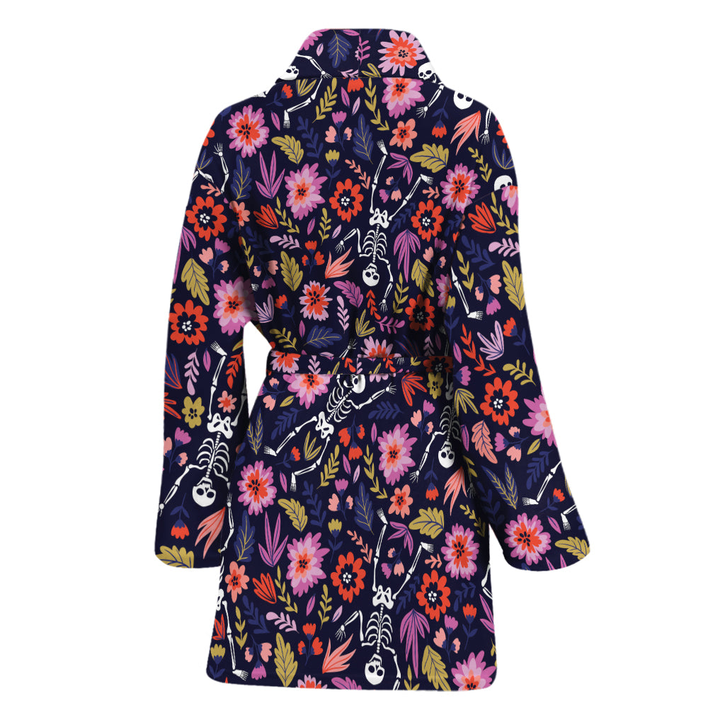 Day Of The Dead Skeleton Pattern Print Women's Bathrobe