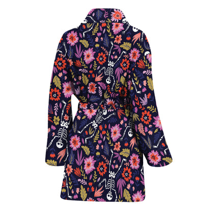 Day Of The Dead Skeleton Pattern Print Women's Bathrobe
