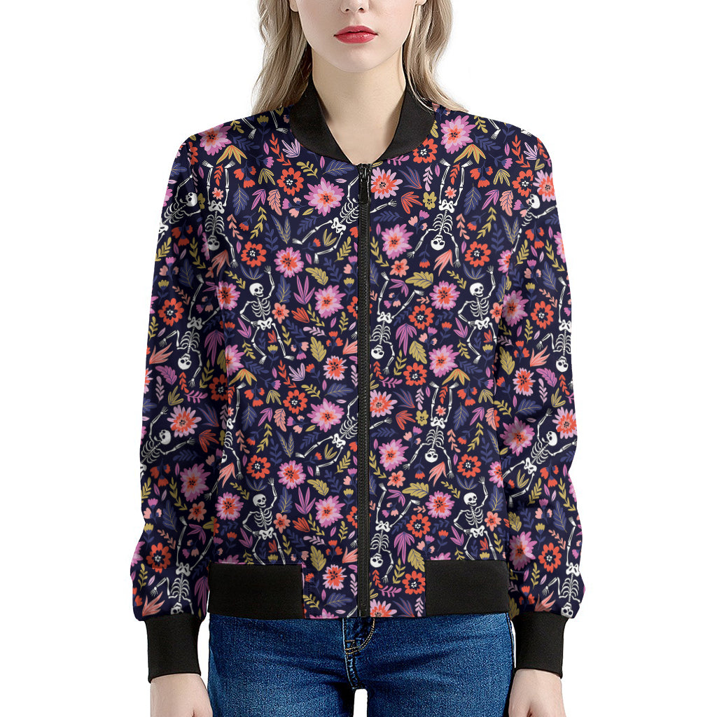 Day Of The Dead Skeleton Pattern Print Women's Bomber Jacket