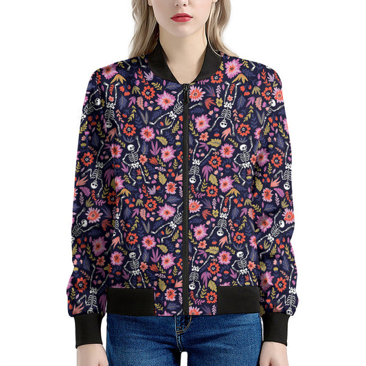Day Of The Dead Skeleton Pattern Print Women's Bomber Jacket