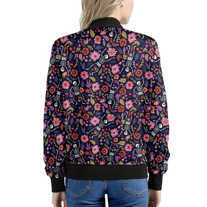 Day Of The Dead Skeleton Pattern Print Women's Bomber Jacket