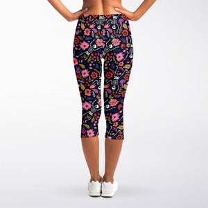 Day Of The Dead Skeleton Pattern Print Women's Capri Leggings