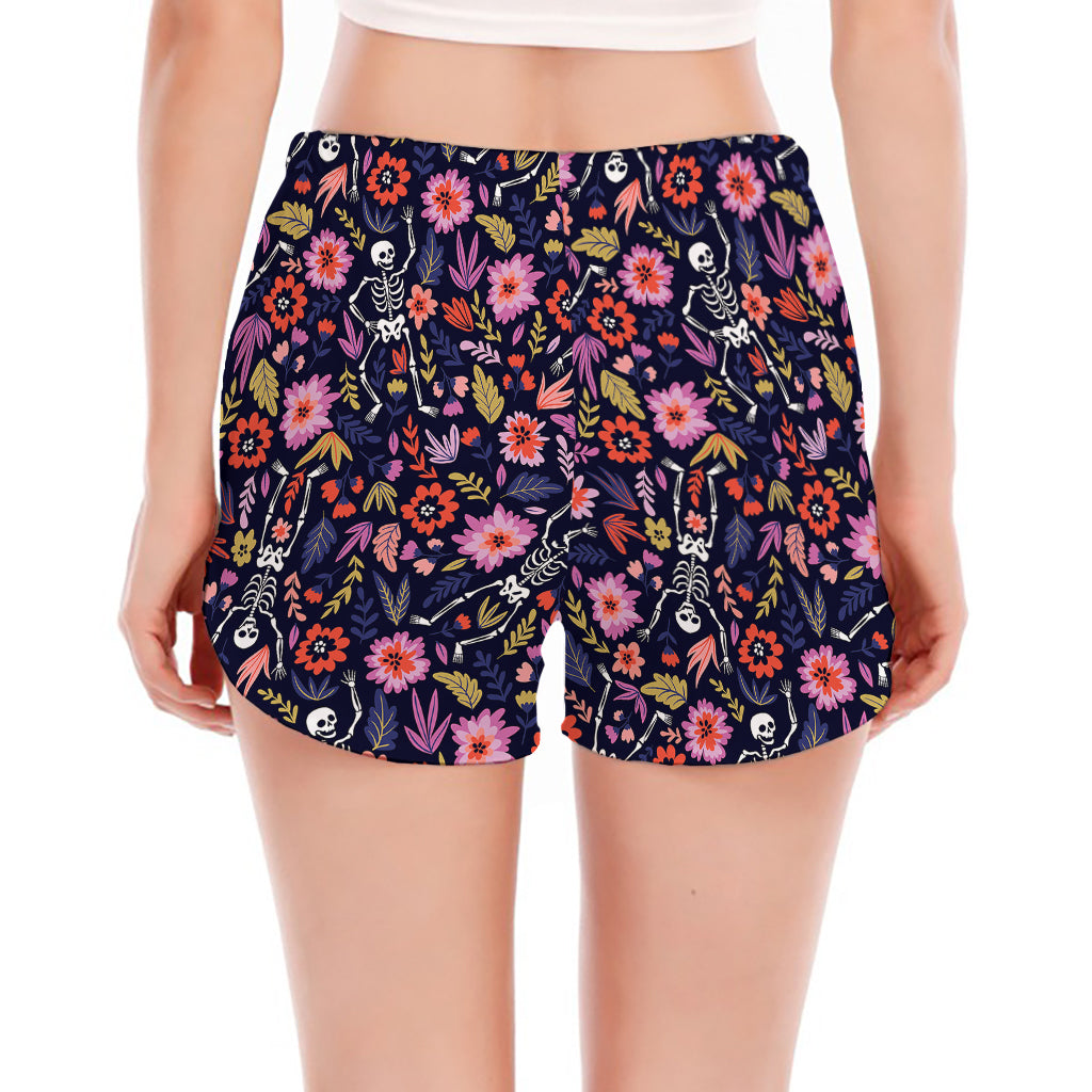 Day Of The Dead Skeleton Pattern Print Women's Split Running Shorts