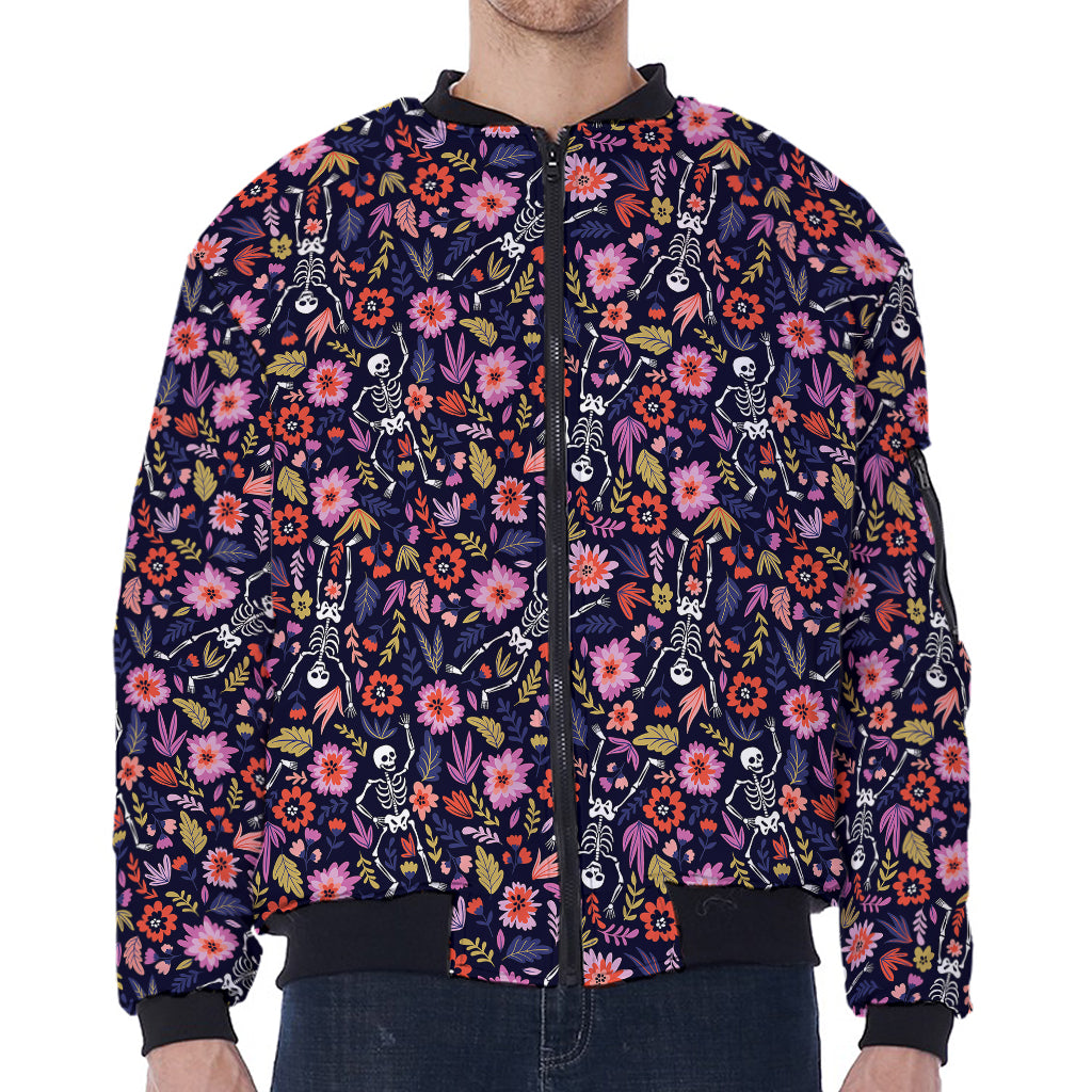 Day Of The Dead Skeleton Pattern Print Zip Sleeve Bomber Jacket