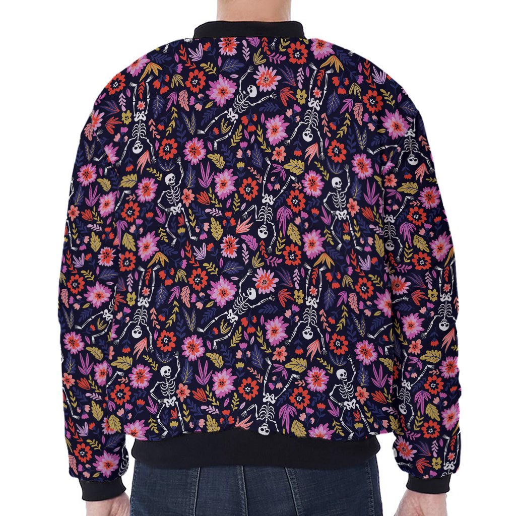 Day Of The Dead Skeleton Pattern Print Zip Sleeve Bomber Jacket