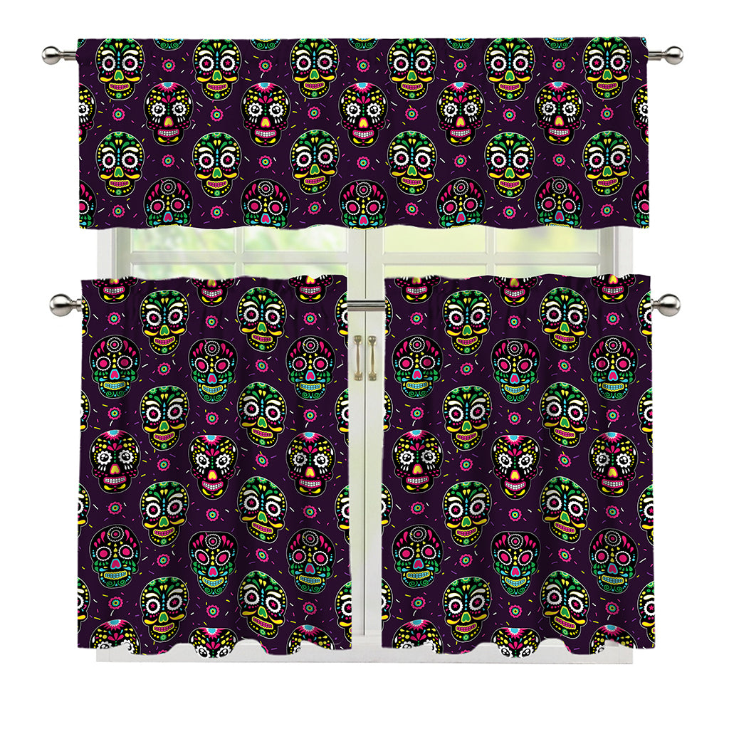 Day Of The Dead Sugar Skull Print 3 Piece Kitchen Curtains