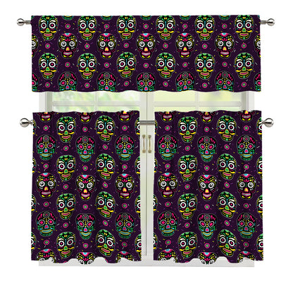 Day Of The Dead Sugar Skull Print 3 Piece Kitchen Curtains