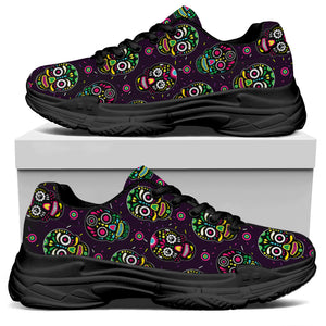 Day Of The Dead Sugar Skull Print Black Chunky Shoes