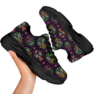 Day Of The Dead Sugar Skull Print Black Chunky Shoes