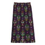 Day Of The Dead Sugar Skull Print Cotton Front Slit Maxi Skirt