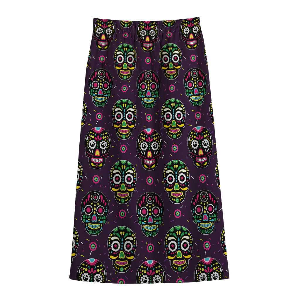 Day Of The Dead Sugar Skull Print Cotton Front Slit Maxi Skirt