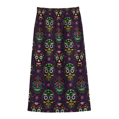 Day Of The Dead Sugar Skull Print Cotton Front Slit Maxi Skirt