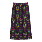 Day Of The Dead Sugar Skull Print Cotton Front Slit Maxi Skirt