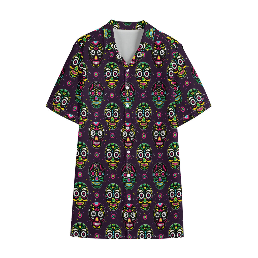 Day Of The Dead Sugar Skull Print Cotton Hawaiian Shirt