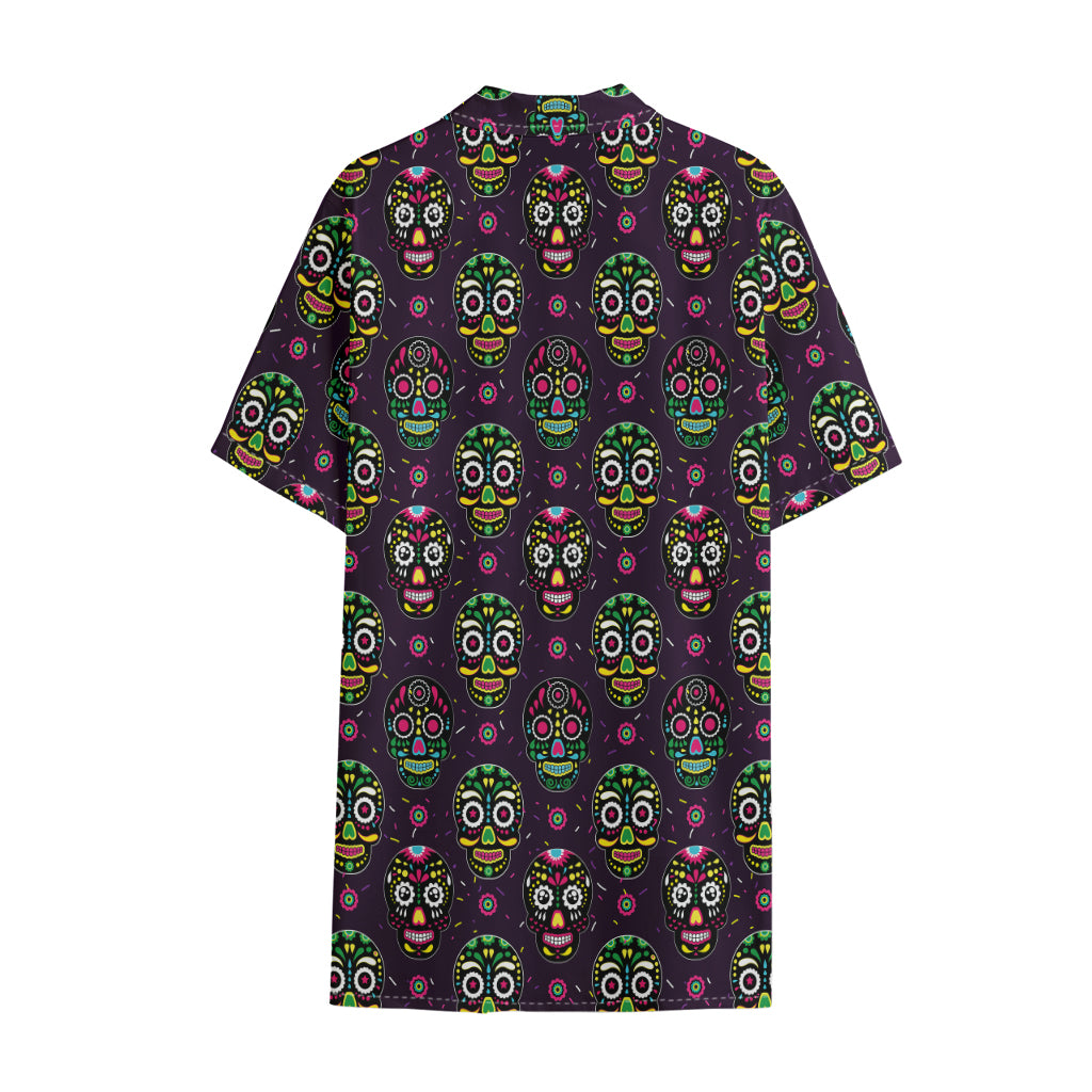 Day Of The Dead Sugar Skull Print Cotton Hawaiian Shirt