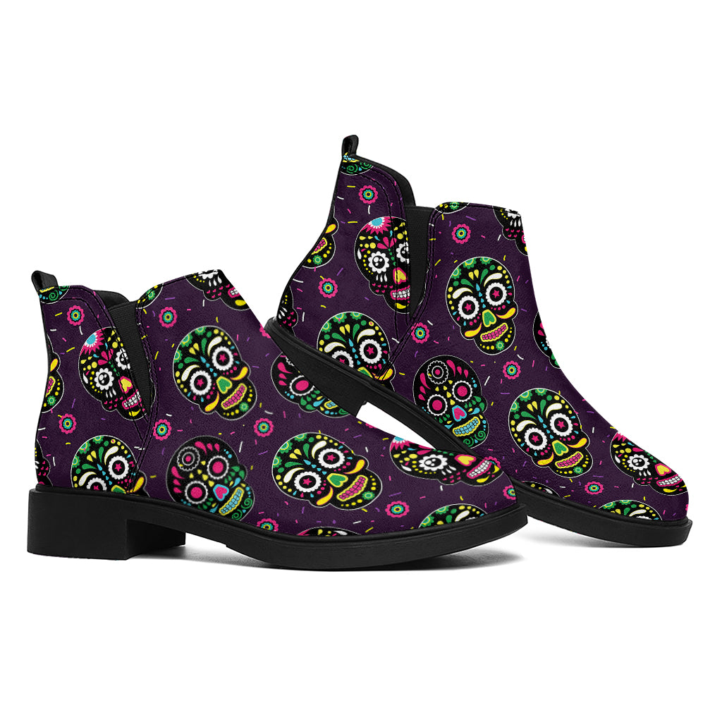 Day Of The Dead Sugar Skull Print Flat Ankle Boots