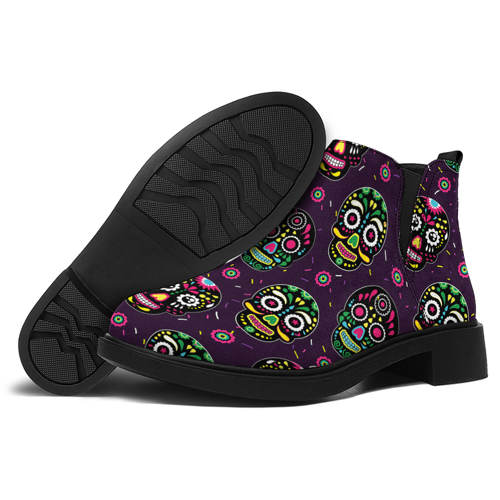 Day Of The Dead Sugar Skull Print Flat Ankle Boots