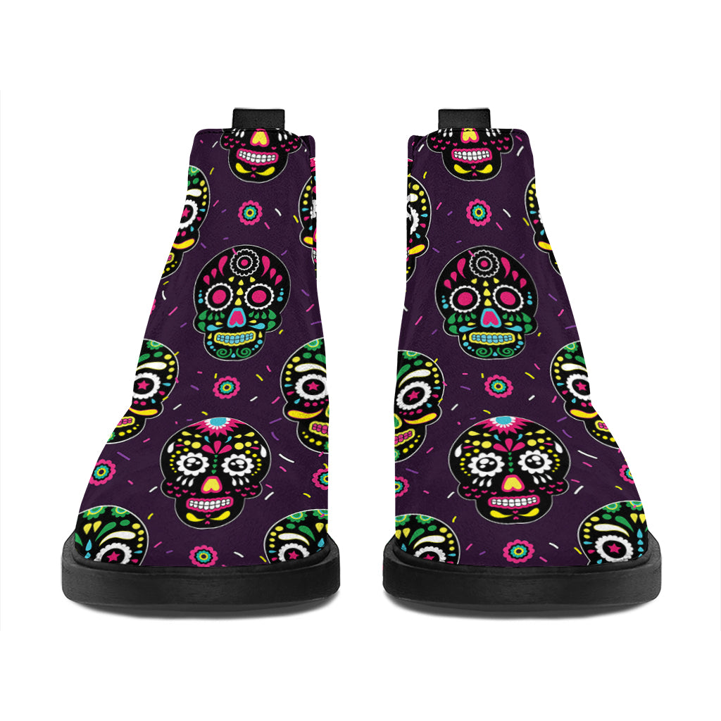 Day Of The Dead Sugar Skull Print Flat Ankle Boots