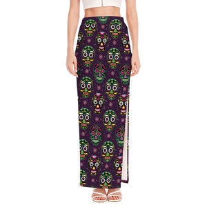 Day Of The Dead Sugar Skull Print High Slit Maxi Skirt