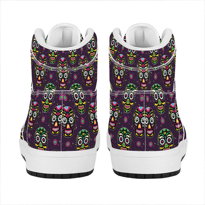Day Of The Dead Sugar Skull Print High Top Leather Sneakers