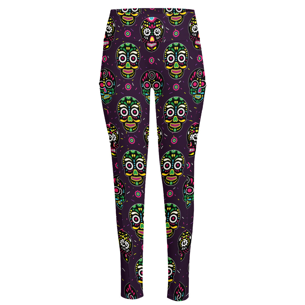 Day Of The Dead Sugar Skull Print High-Waisted Pocket Leggings