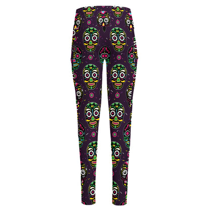 Day Of The Dead Sugar Skull Print High-Waisted Pocket Leggings