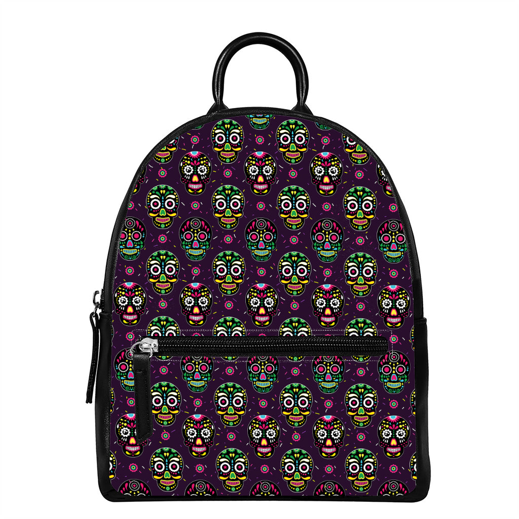 Day Of The Dead Sugar Skull Print Leather Backpack