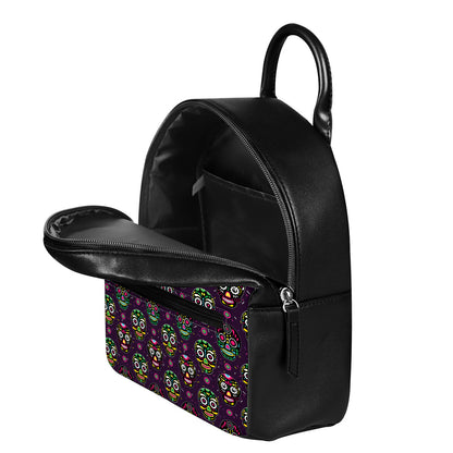 Day Of The Dead Sugar Skull Print Leather Backpack