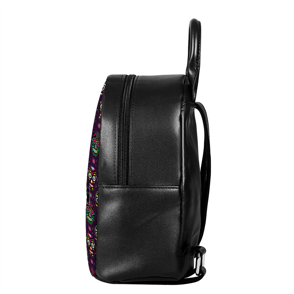 Day Of The Dead Sugar Skull Print Leather Backpack