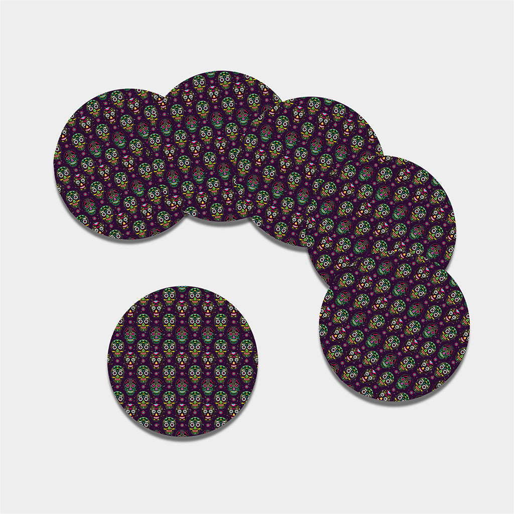 Day Of The Dead Sugar Skull Print Leather Coaster Set