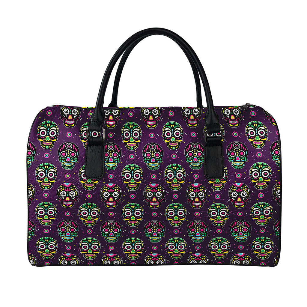 Day Of The Dead Sugar Skull Print Leather Duffle Bag