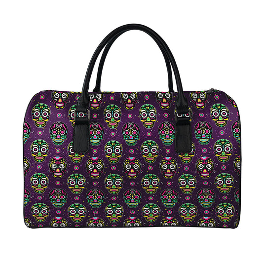 Day Of The Dead Sugar Skull Print Leather Duffle Bag