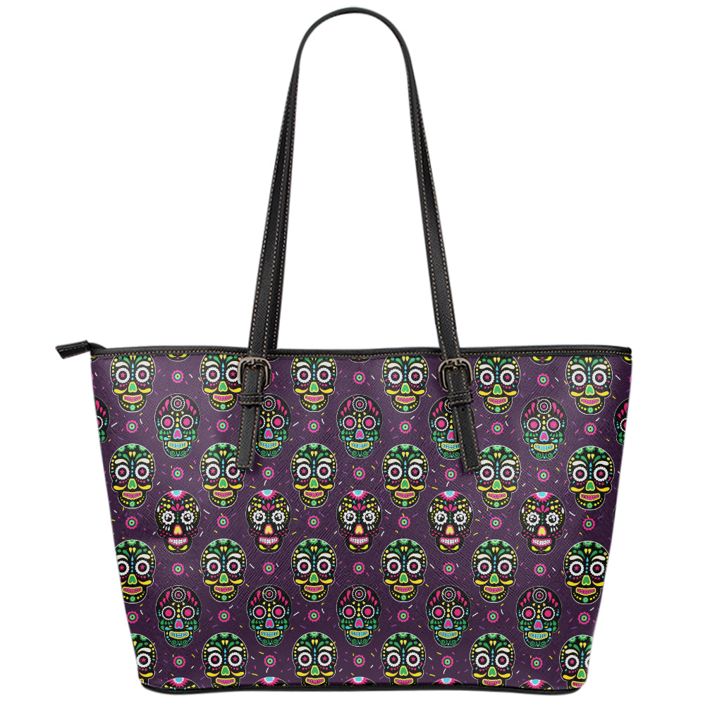 Day Of The Dead Sugar Skull Print Leather Tote Bag