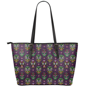 Day Of The Dead Sugar Skull Print Leather Tote Bag