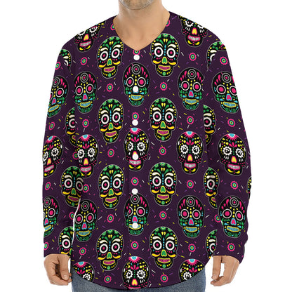 Day Of The Dead Sugar Skull Print Long Sleeve Baseball Jersey